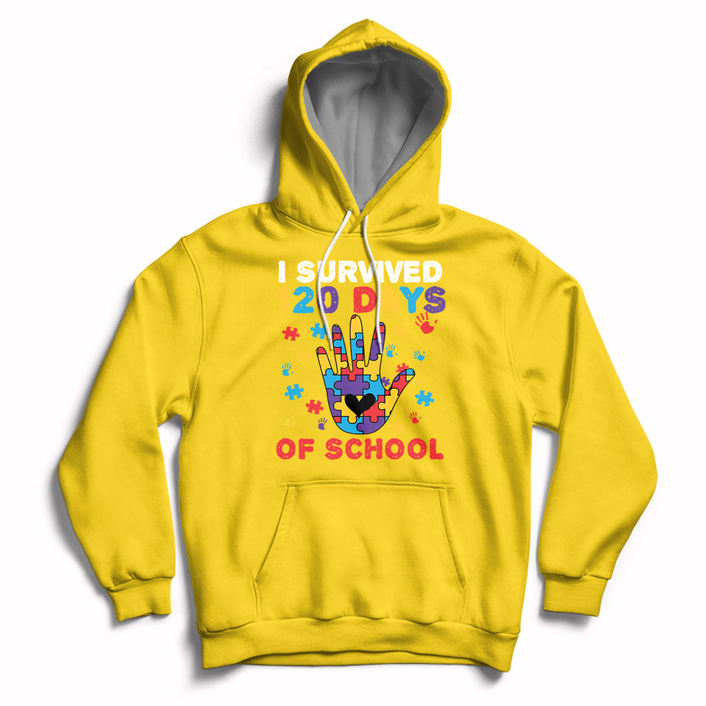 Daisy yellow pullover hoodie with colorful puzzle heart graphic and “I Survived 120 Days of School” text