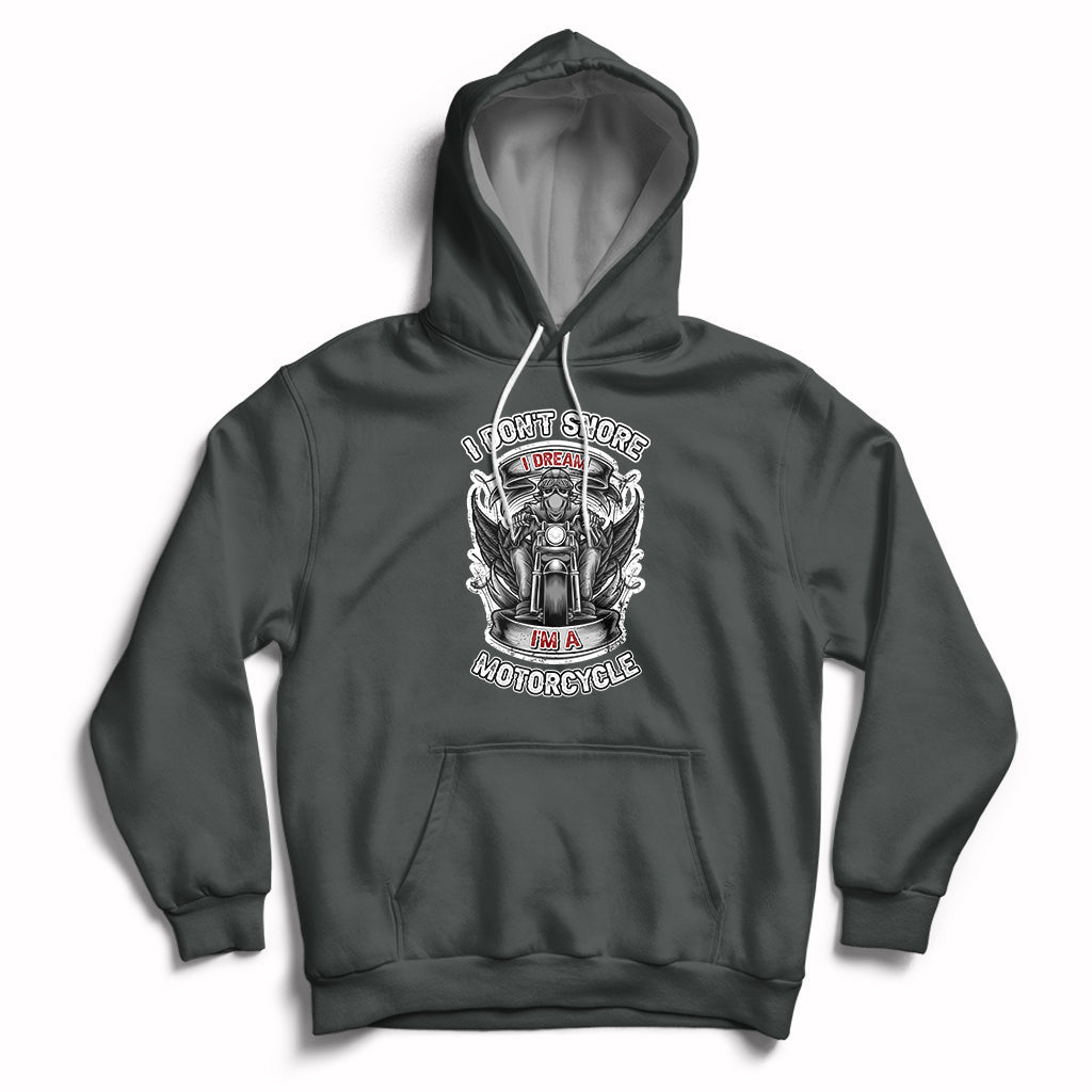 Dark heather motorcycle graphic hoodie with front pocket and adjustable drawstring hood