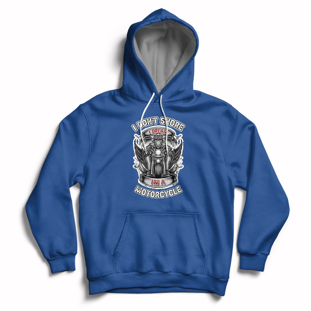 Royal blue motorcycle graphic hoodie with front pocket and adjustable drawstring hood