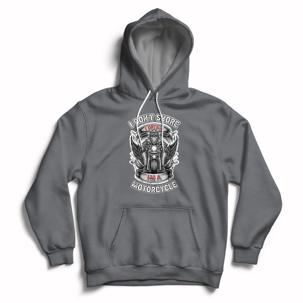Charcoal motorcycle graphic hoodie with front pocket and adjustable drawstring hood