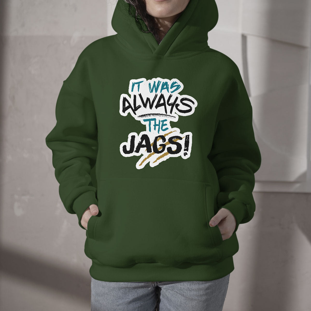 Green pullover hoodie with front graphic text and kangaroo pocket