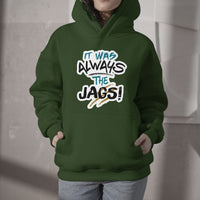 Green pullover hoodie with front graphic text and kangaroo pocket