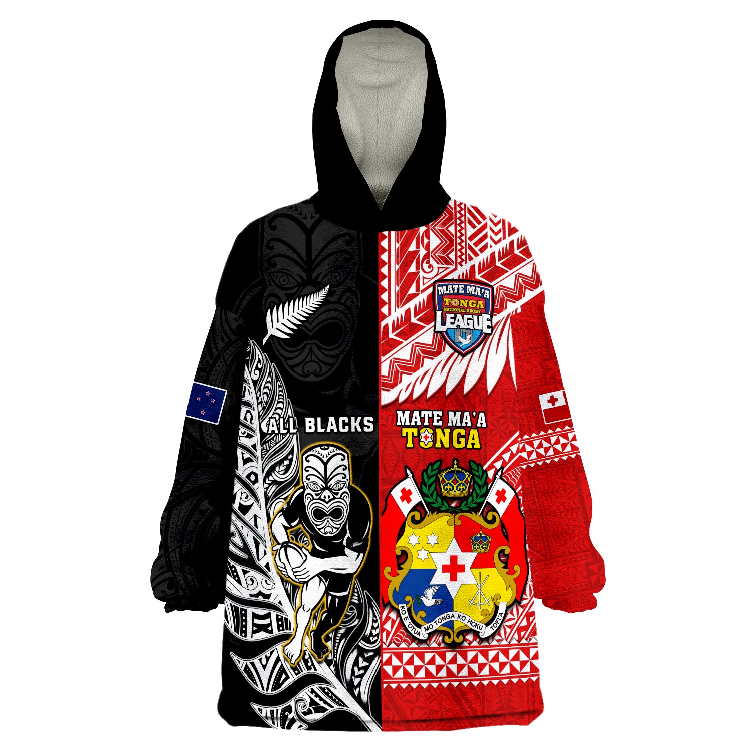 (Custom Personalised) Mate Maa Tonga And All Black Rugby Wearable Blanket Hoodie Polynesian Mix NZ Maori Fern - Wonder Print Shop
