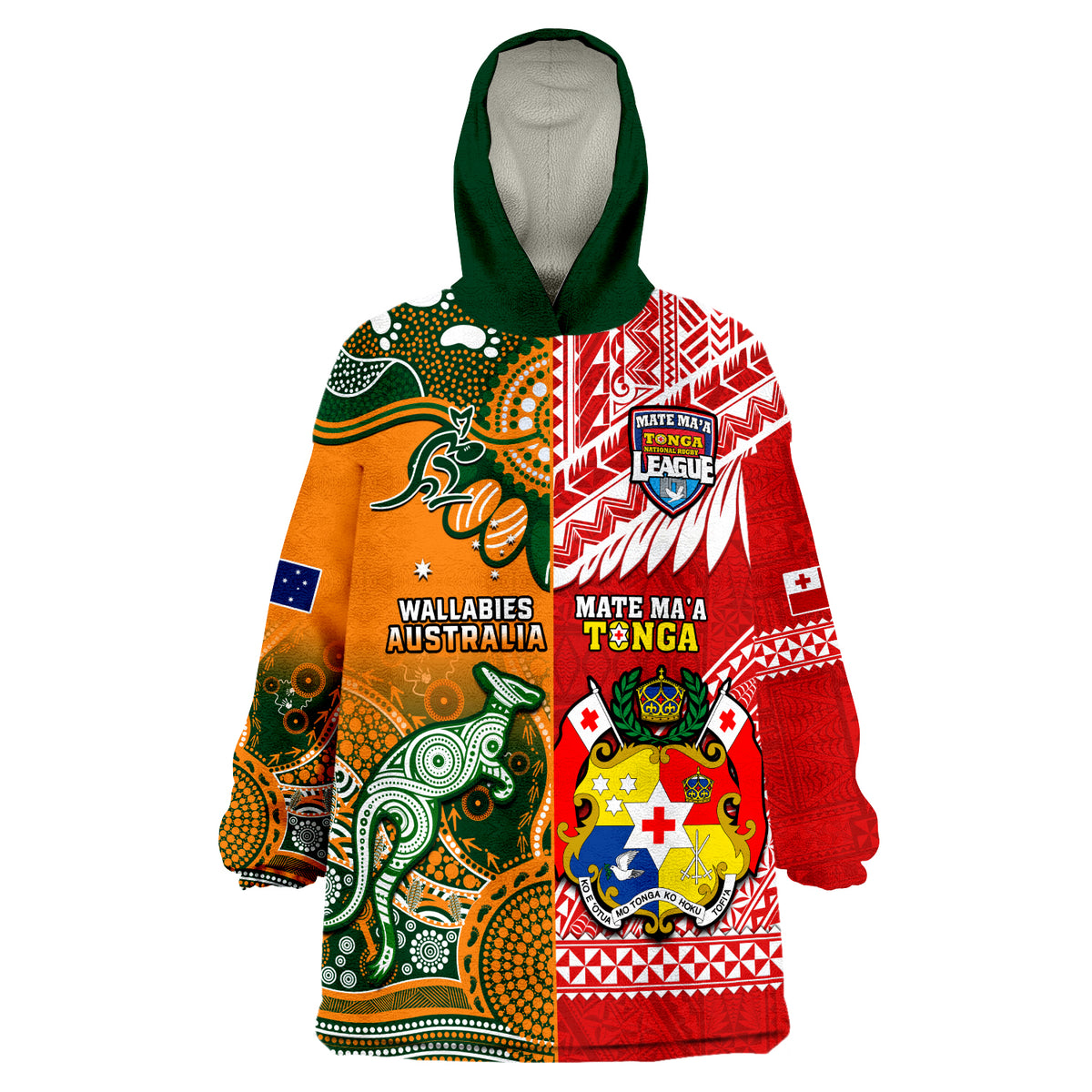 (Custom Personalised) Mate Maa Tonga And Wallabies Rugby Wearable Blanket Hoodie Polynesian Mix Aboriginal - Wonder Print Shop