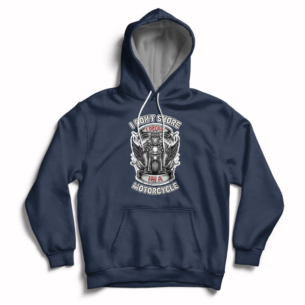 Navy motorcycle graphic hoodie with front pocket and adjustable drawstring hood