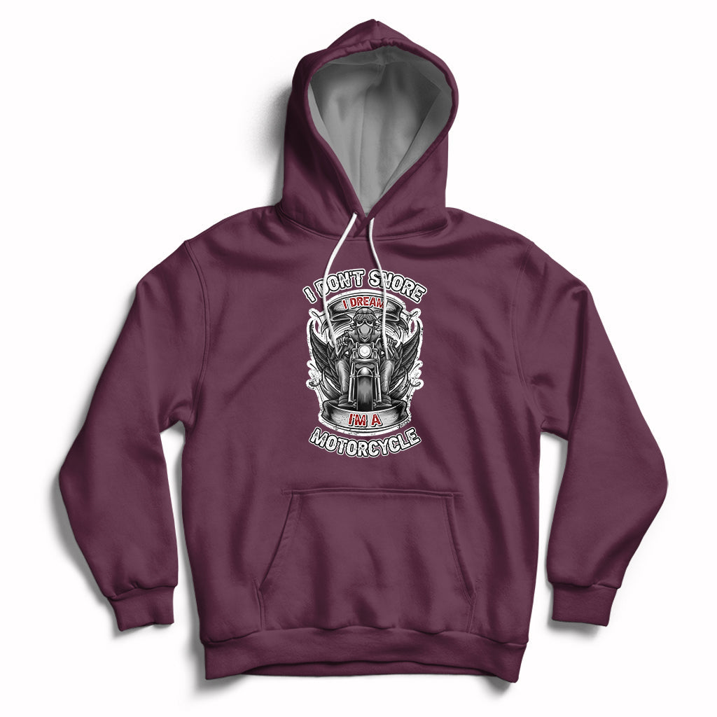 Maroon motorcycle graphic hoodie with front pocket and adjustable drawstring hood