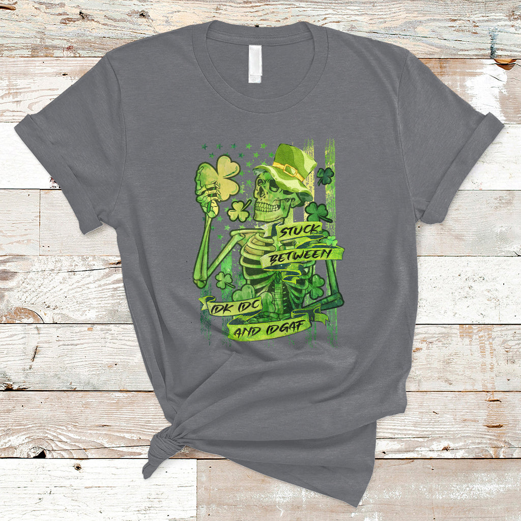 Stuck Between IDK IDC And IDGAF St Patrick's Day Green Flag Skull Skeleton T-Shirt - Wonder Print Shop