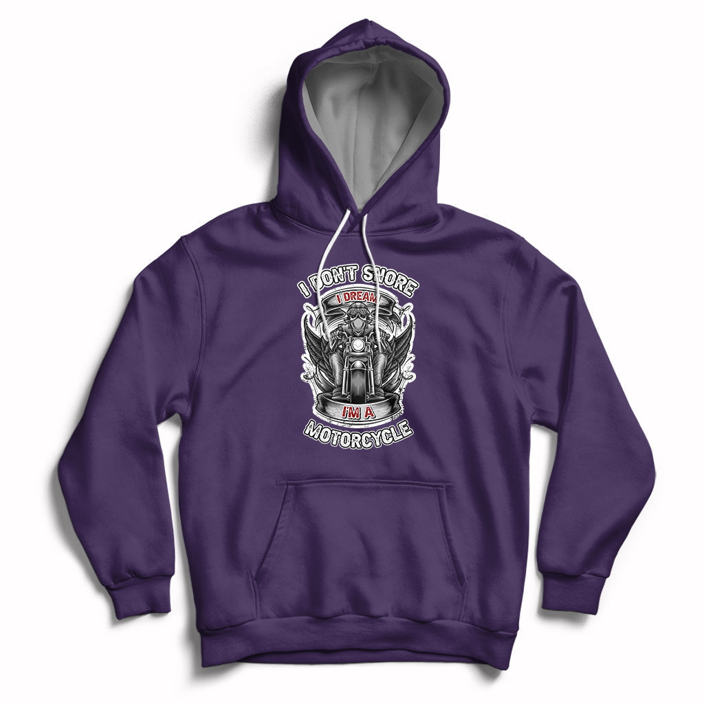 Purple motorcycle graphic hoodie with front pocket and adjustable drawstring hood