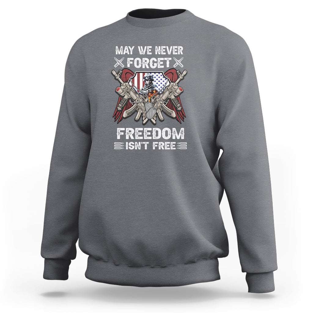 Adult crewneck sweatshirt, charcoal gray, with patriotic soldier graphic and 'FREEDOM ISN'T FREE'