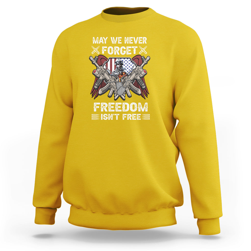 Adult crewneck sweatshirt, daisy yellow, with patriotic soldier graphic and 'FREEDOM ISN'T FREE'