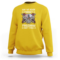 Adult crewneck sweatshirt, daisy yellow, with patriotic soldier graphic and 'FREEDOM ISN'T FREE'