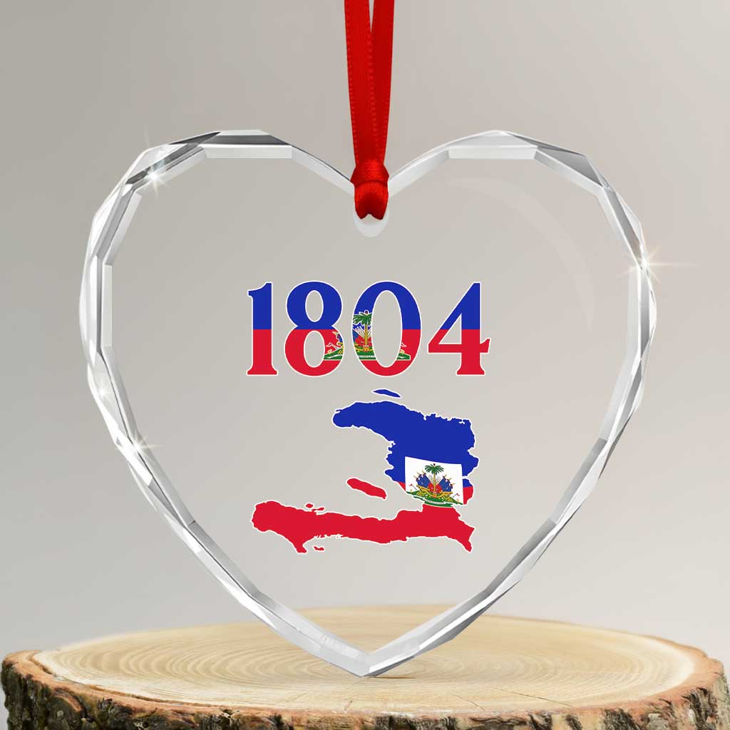 1804 Haiti Map and Flag Heart Crystal Glass Ornament Haitian Heritage Pride Graphic
