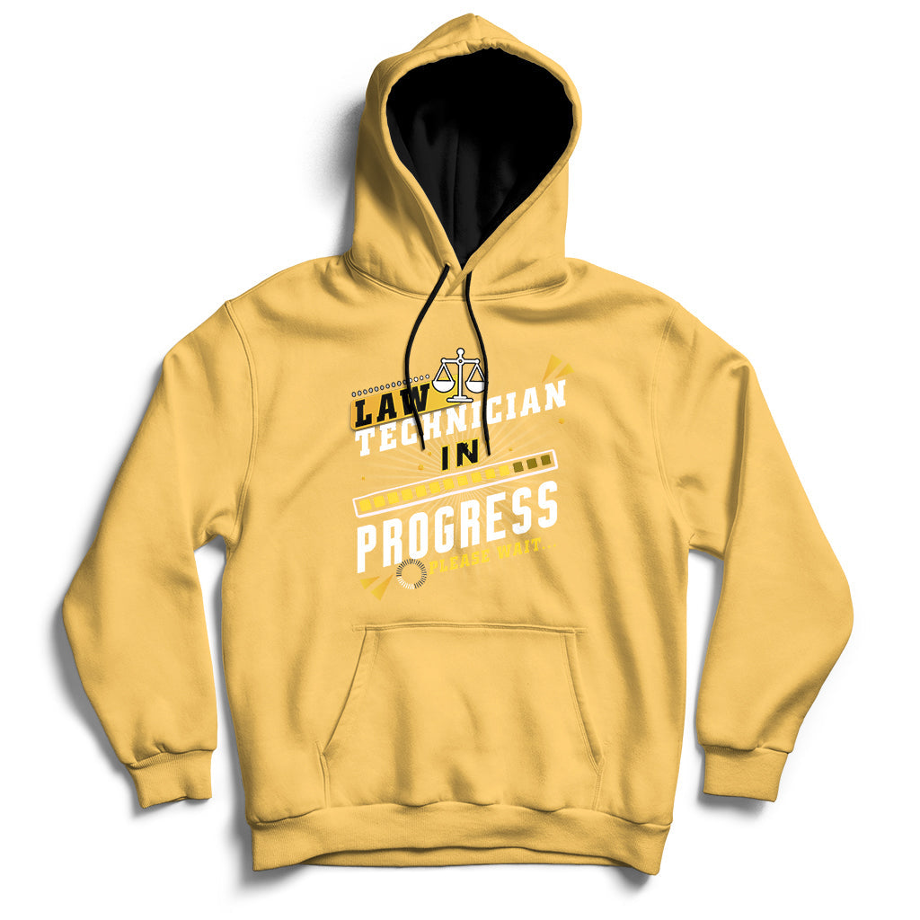 Yellow hoodie with 'Law Technician In Progress' chest graphic