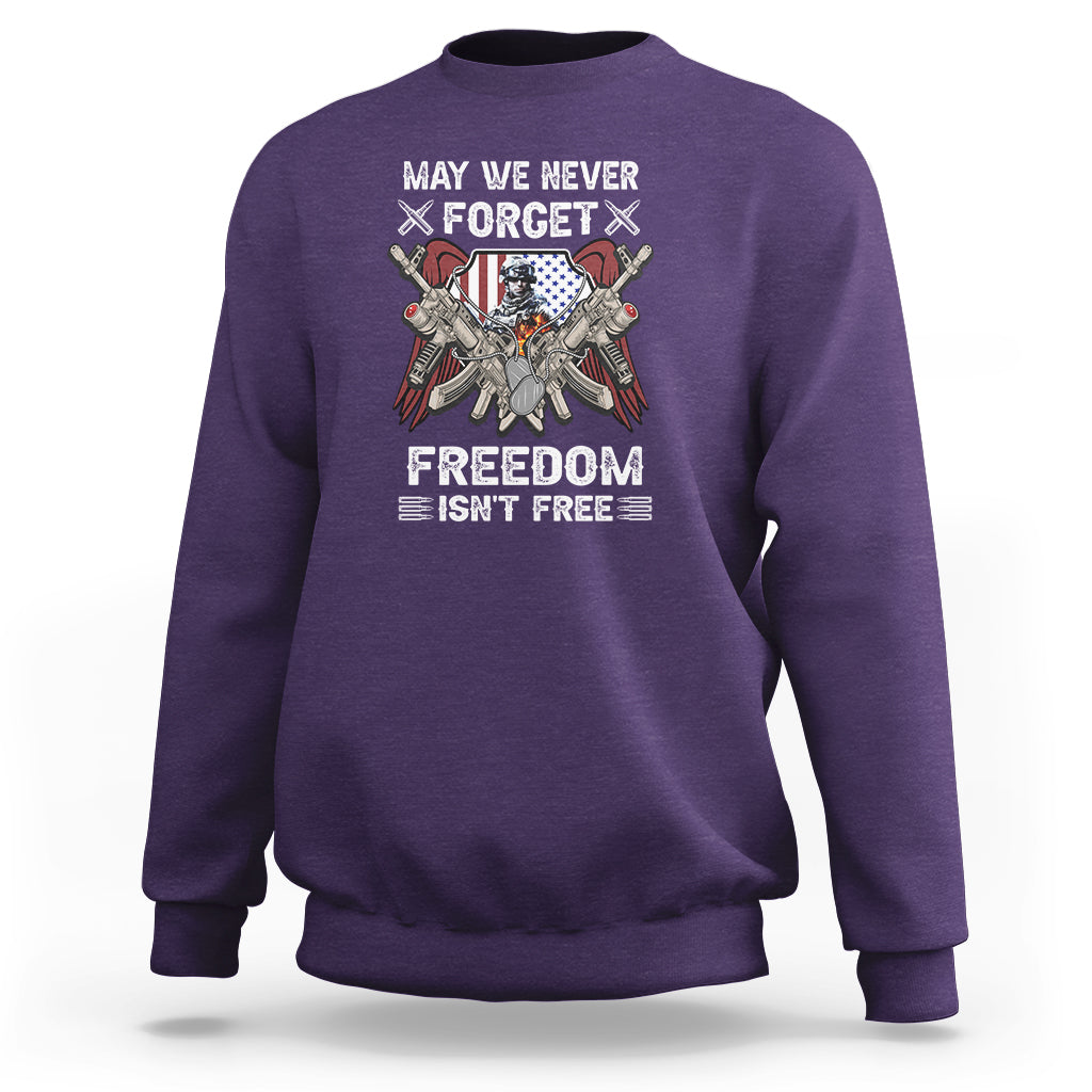 Adult crewneck sweatshirt, purple, with patriotic soldier graphic and 'FREEDOM ISN'T FREE'