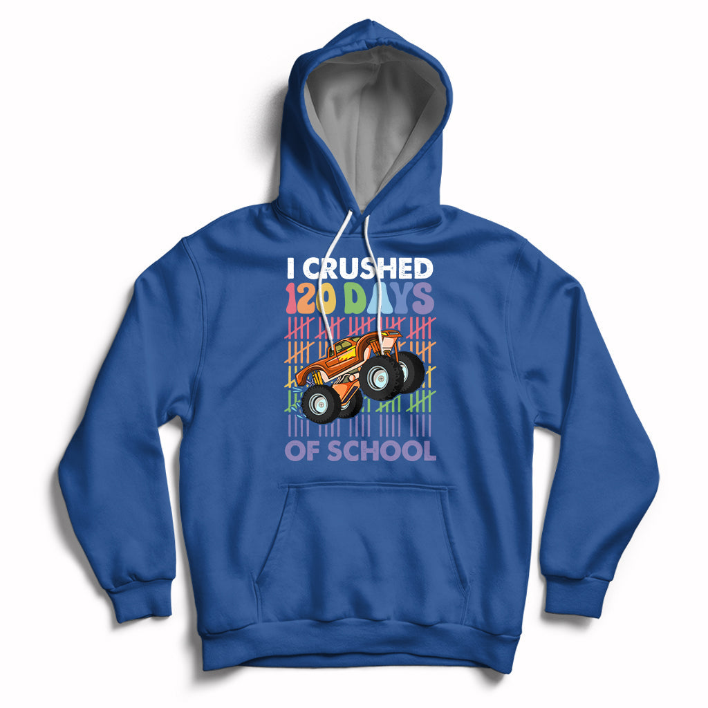 Kids royal blue hoodie with front graphic truck and “I crushed 120 days of school” text