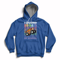 Kids royal blue hoodie with front graphic truck and “I crushed 120 days of school” text