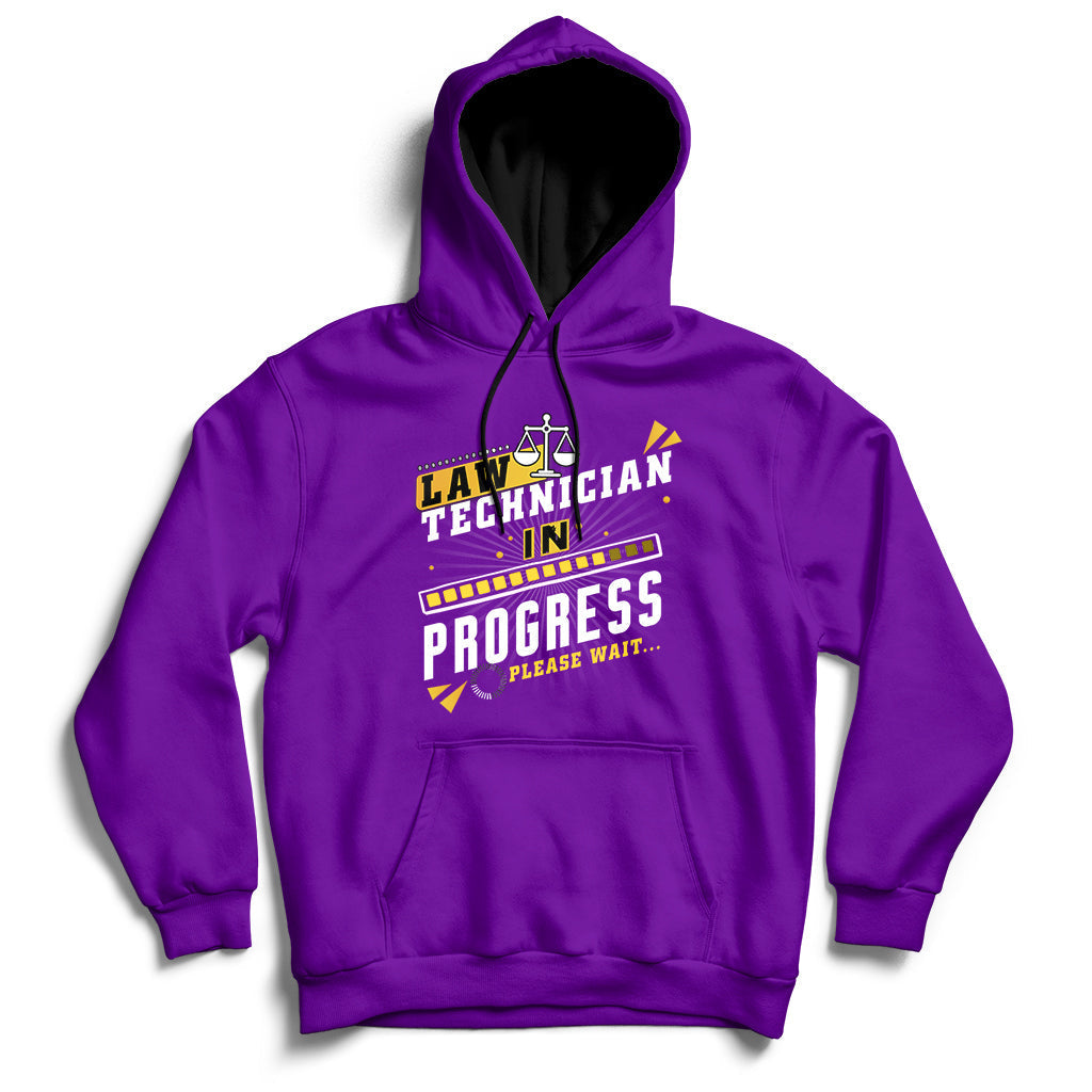 Purple hoodie with 'Law Technician In Progress' chest graphic