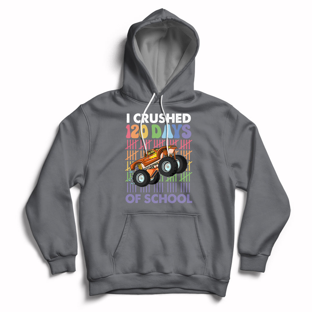 Kids charcoal gray hoodie with front graphic truck and “I crushed 120 days of school” text