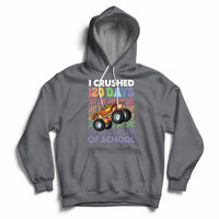 Kids charcoal gray hoodie with front graphic truck and “I crushed 120 days of school” text