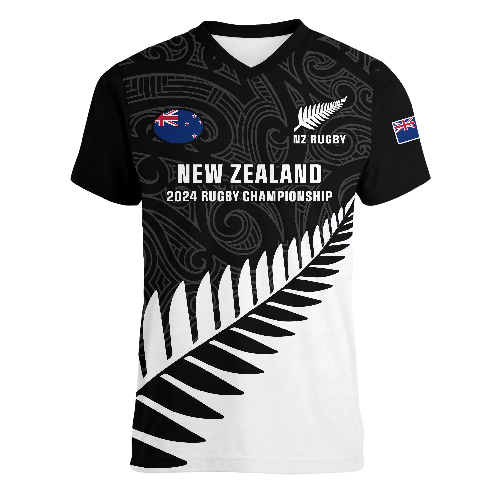 Personalised New Zealand Silver Fern Rugby Women V Neck T Shirt All Black 2024 Go Champions Maori Pattern - Wonder Print Shop