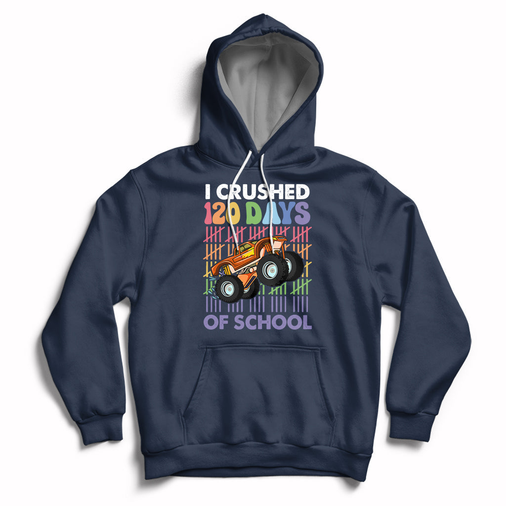 Kids navy hoodie with front graphic truck and “I crushed 120 days of school” text