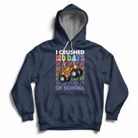 Kids navy hoodie with front graphic truck and “I crushed 120 days of school” text