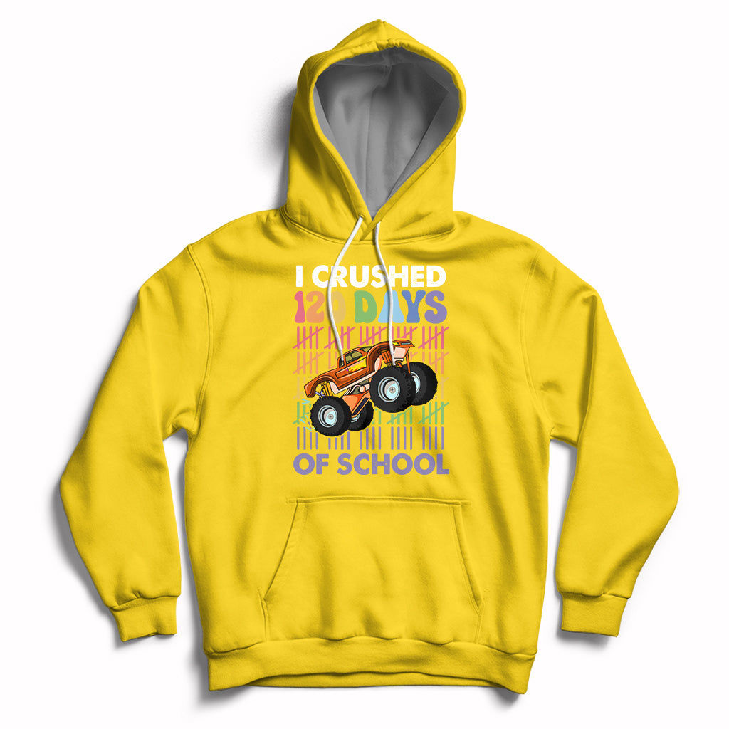 Kids daisy yellow hoodie with front graphic truck and “I crushed 120 days of school” text