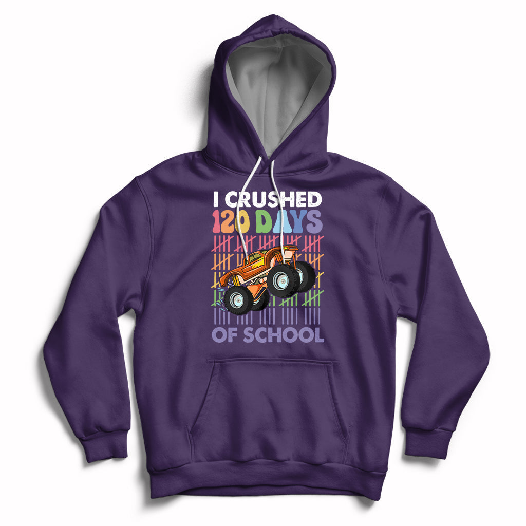 Kids purple hoodie with front graphic truck and “I crushed 120 days of school” text