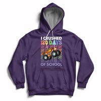 Kids purple hoodie with front graphic truck and “I crushed 120 days of school” text