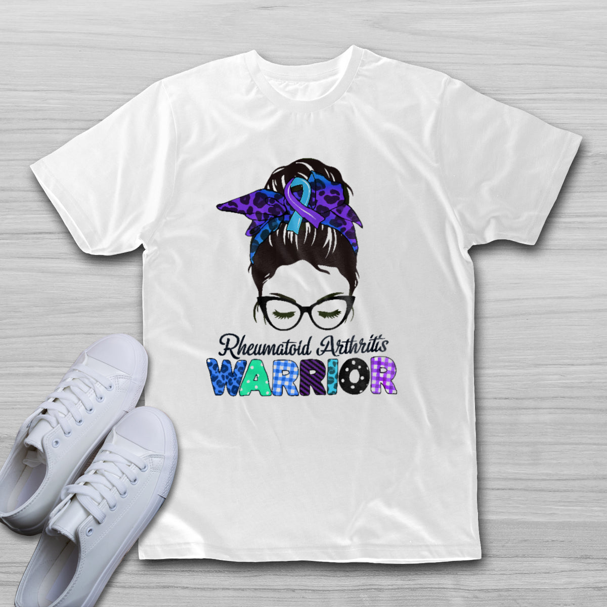Rheumatoid Arthritis Warrior Messy Bun Blue Purple Ribbon, Awareness T Shirt - Wonder Print Shop