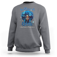 Charcoal gray crewneck sweatshirt with blue colon cancer ribbon portrait graphic on front
