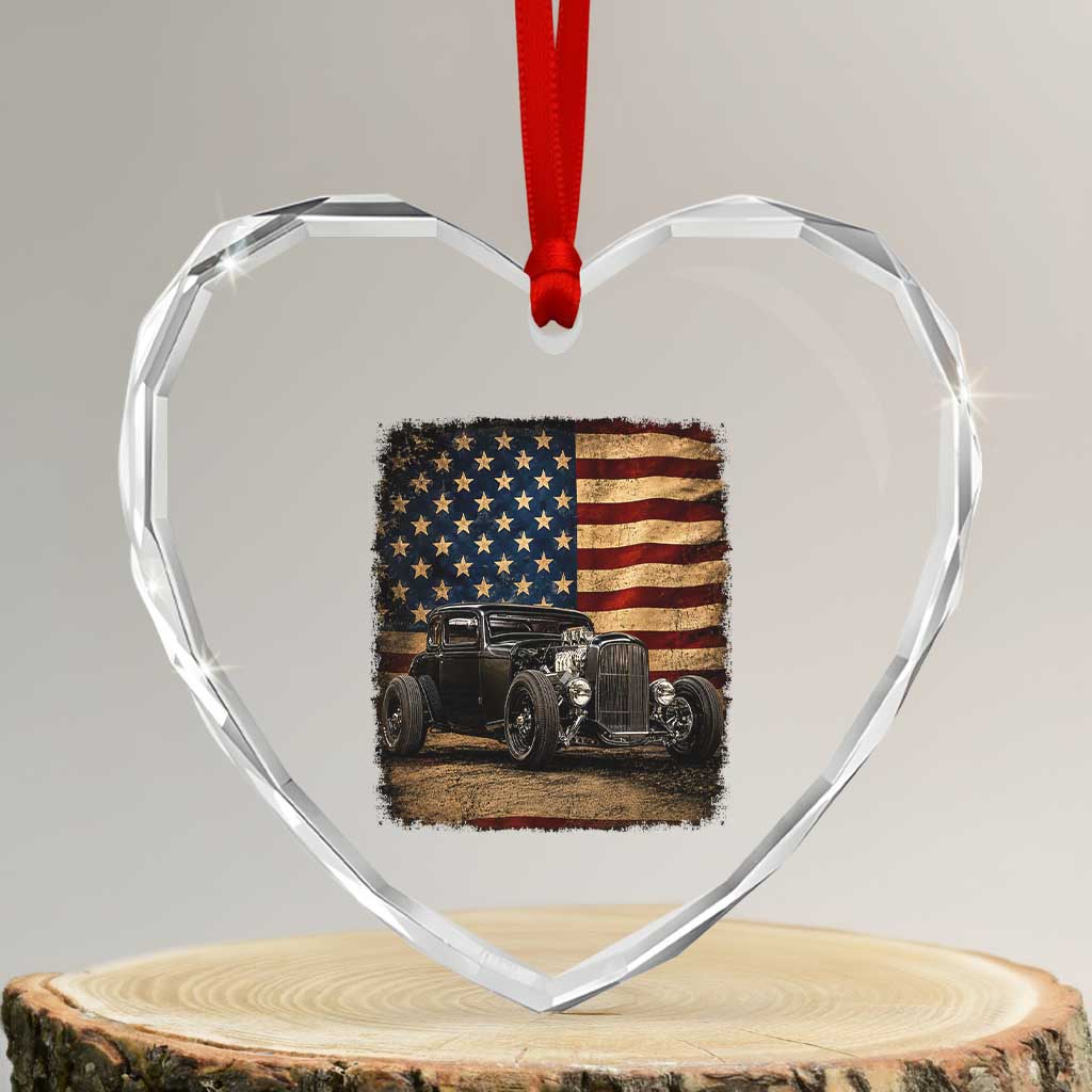1932 American Classic Hotrod US Flag 4th of July Heart Crystal Glass Ornament