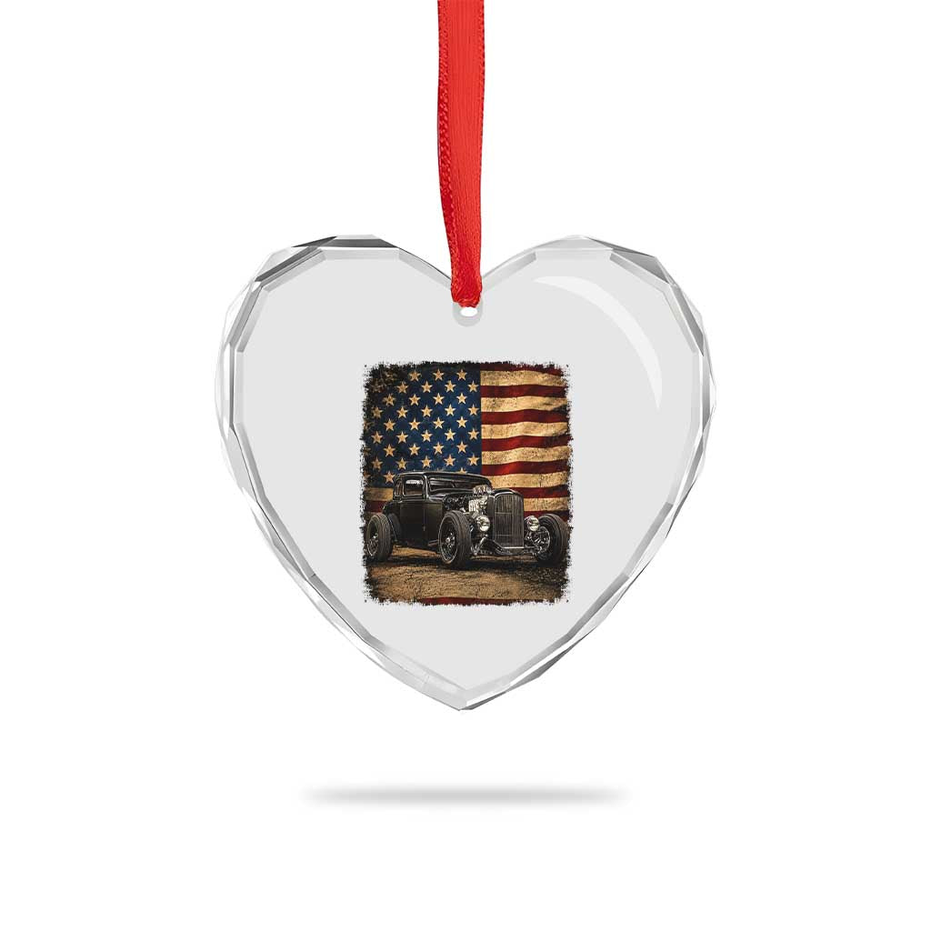 1932 American Classic Hotrod US Flag 4th of July Heart Crystal Glass Ornament