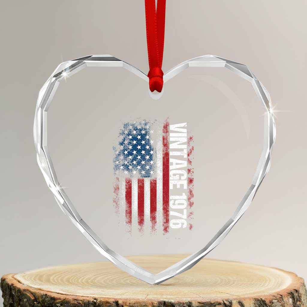 1976 Distressed American Flag Heart Crystal Glass Ornament Patriotic 50th Birthday Graphic