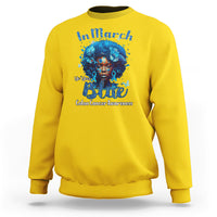 Daisy yellow crewneck sweatshirt with blue colon cancer ribbon portrait graphic on front