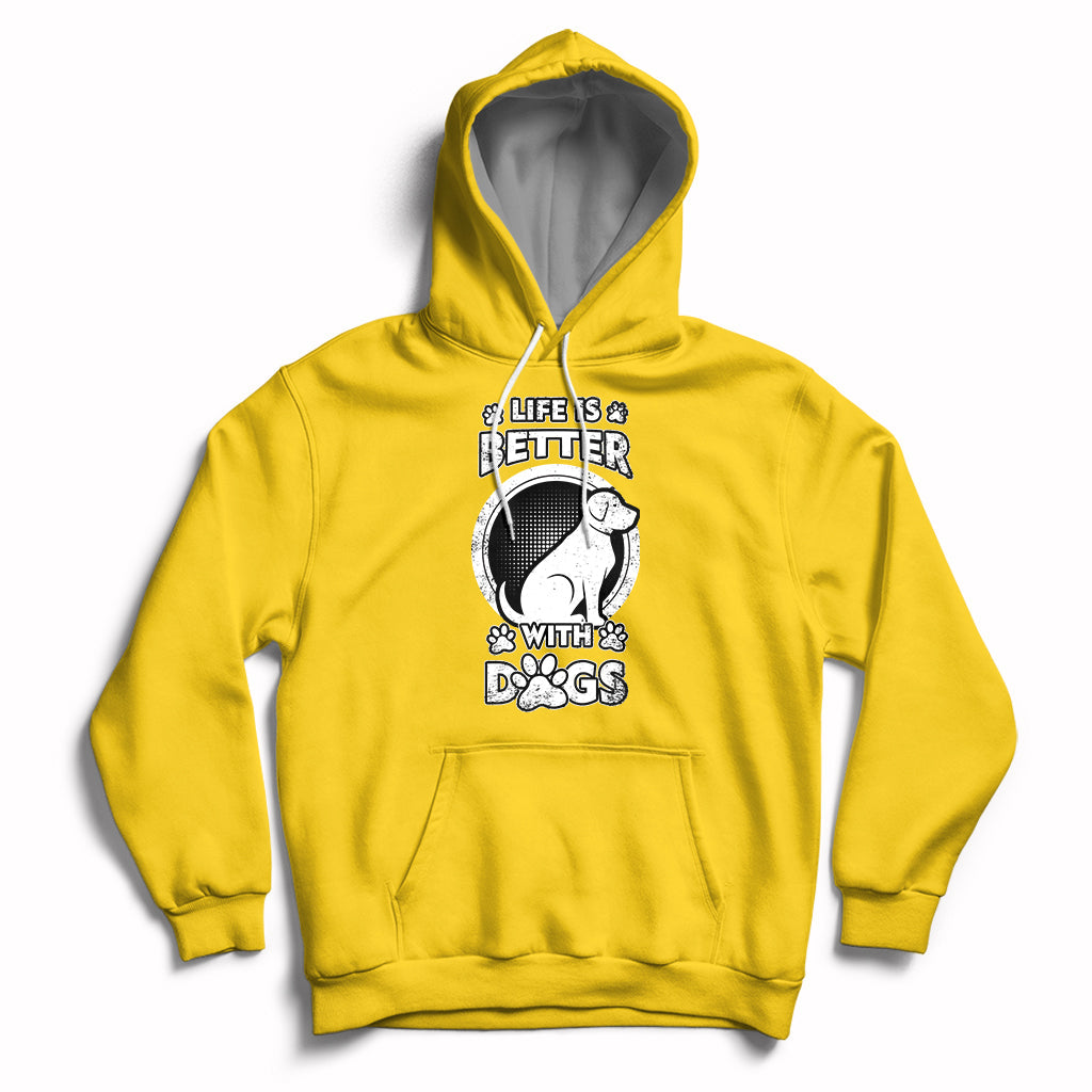 Yellow dog lover pullover hoodie with beagle graphic, paw-print details, and kangaroo pocket