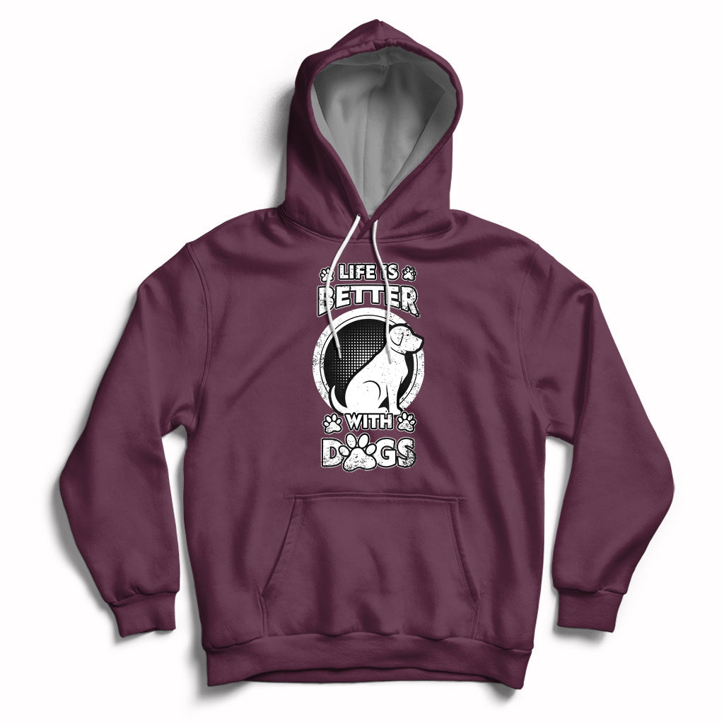 Maroon dog lover pullover hoodie with beagle graphic, paw-print details, and kangaroo pocket