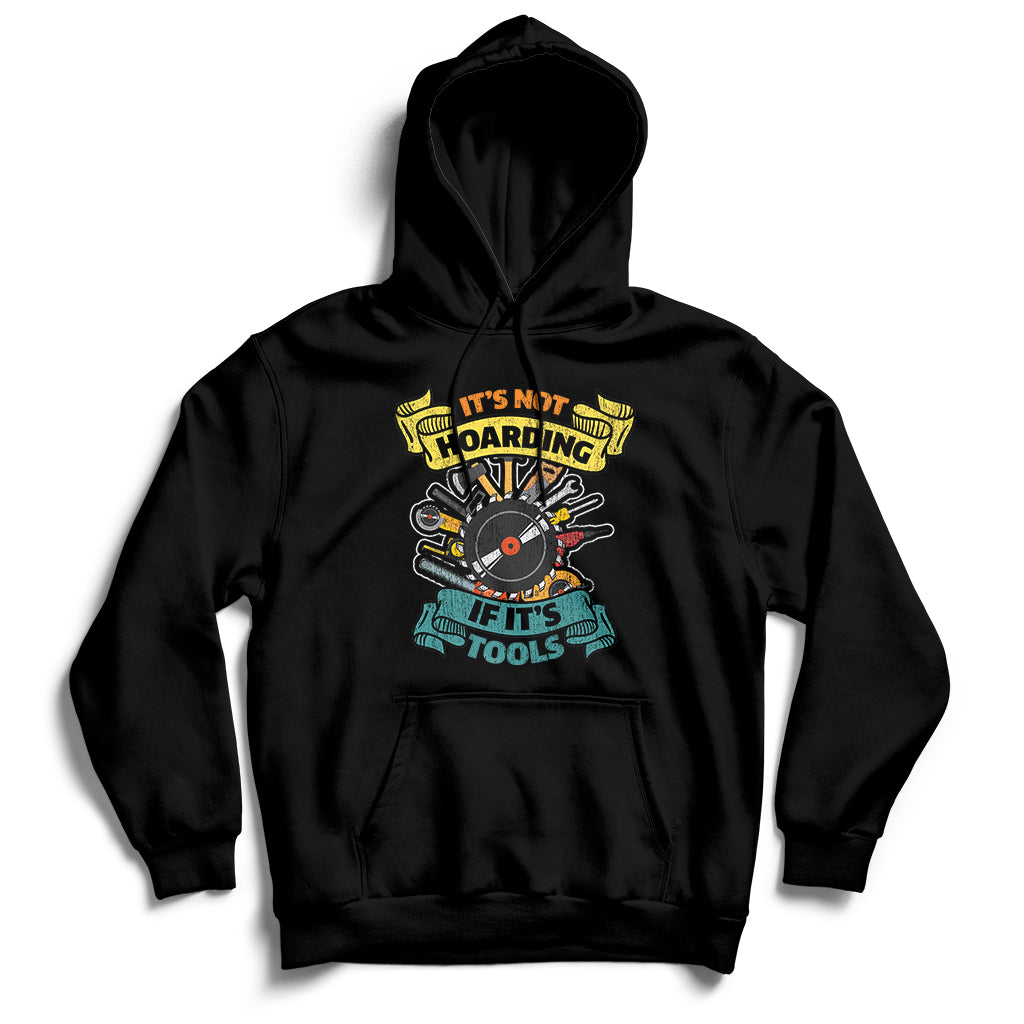 Black hoodie sweatshirt with front hood, kangaroo pocket, and tool graphic print