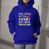 Royal blue teacher hoodie with colorful 'Sweet Hearts' chest graphic, hood & front pocket