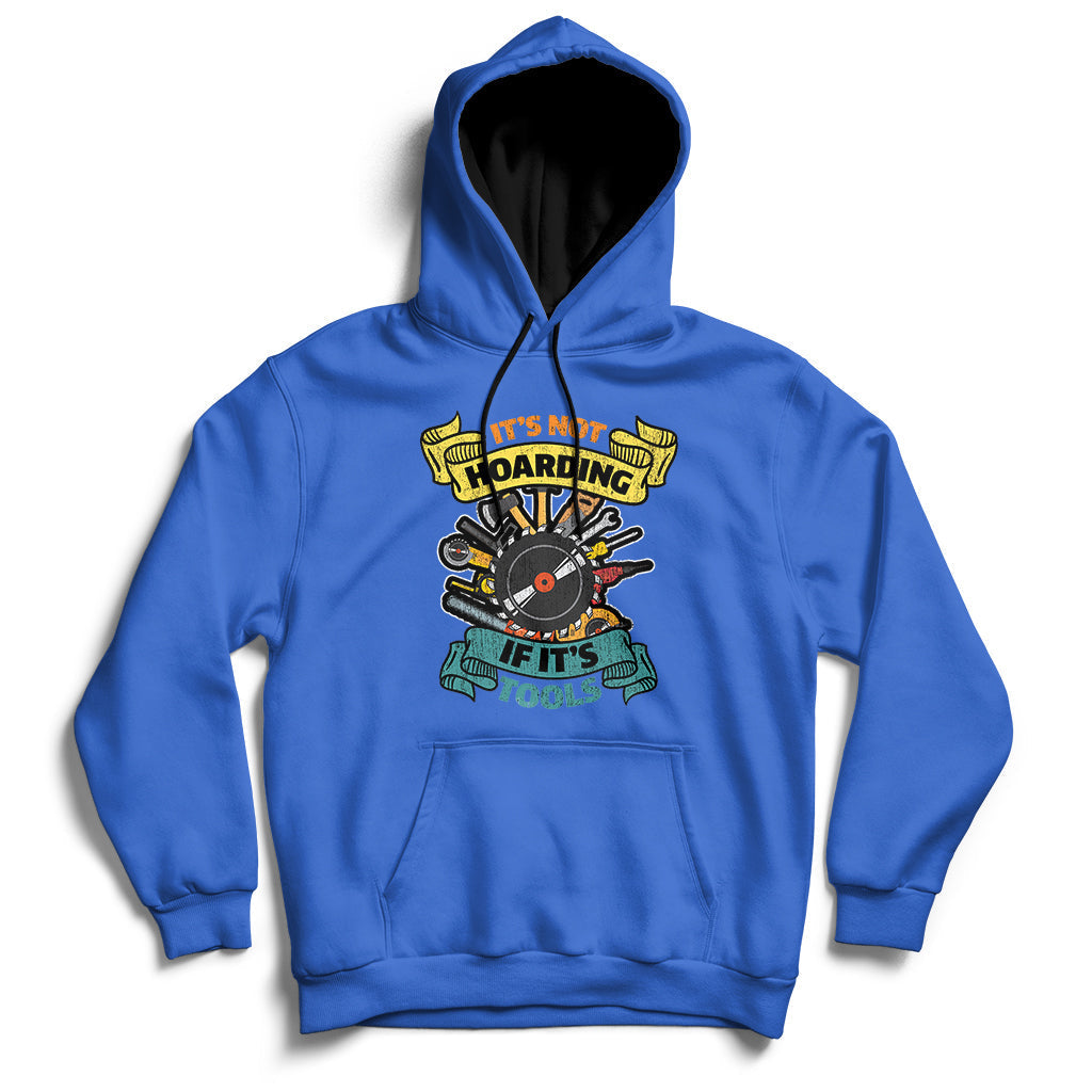Royal blue hoodie sweatshirt with front hood, kangaroo pocket, and tool graphic print