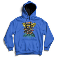Royal blue hoodie sweatshirt with front hood, kangaroo pocket, and tool graphic print