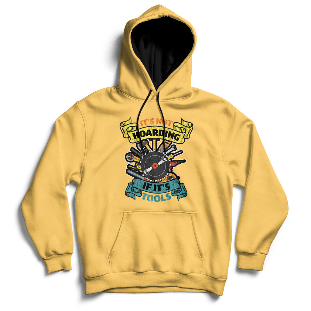 Yellow hoodie sweatshirt with front hood, kangaroo pocket, and tool graphic print