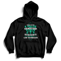 Black pullover hoodie with front pocket, hood, and colorful law-themed graphic logo.