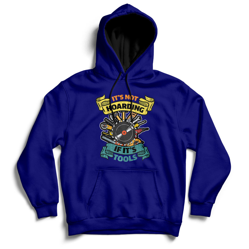 Navy hoodie sweatshirt with front hood, kangaroo pocket, and tool graphic print