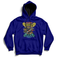 Navy hoodie sweatshirt with front hood, kangaroo pocket, and tool graphic print