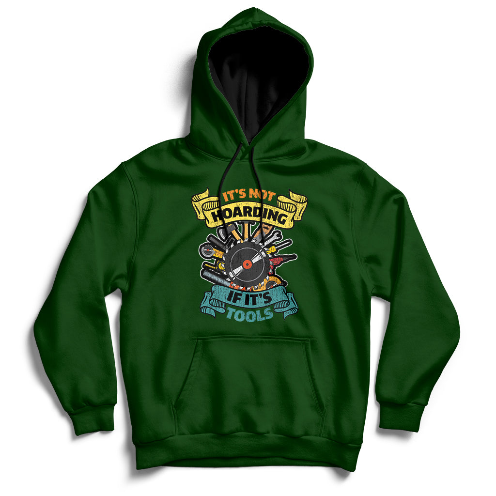 Forest green hoodie sweatshirt with front hood, kangaroo pocket, and tool graphic print