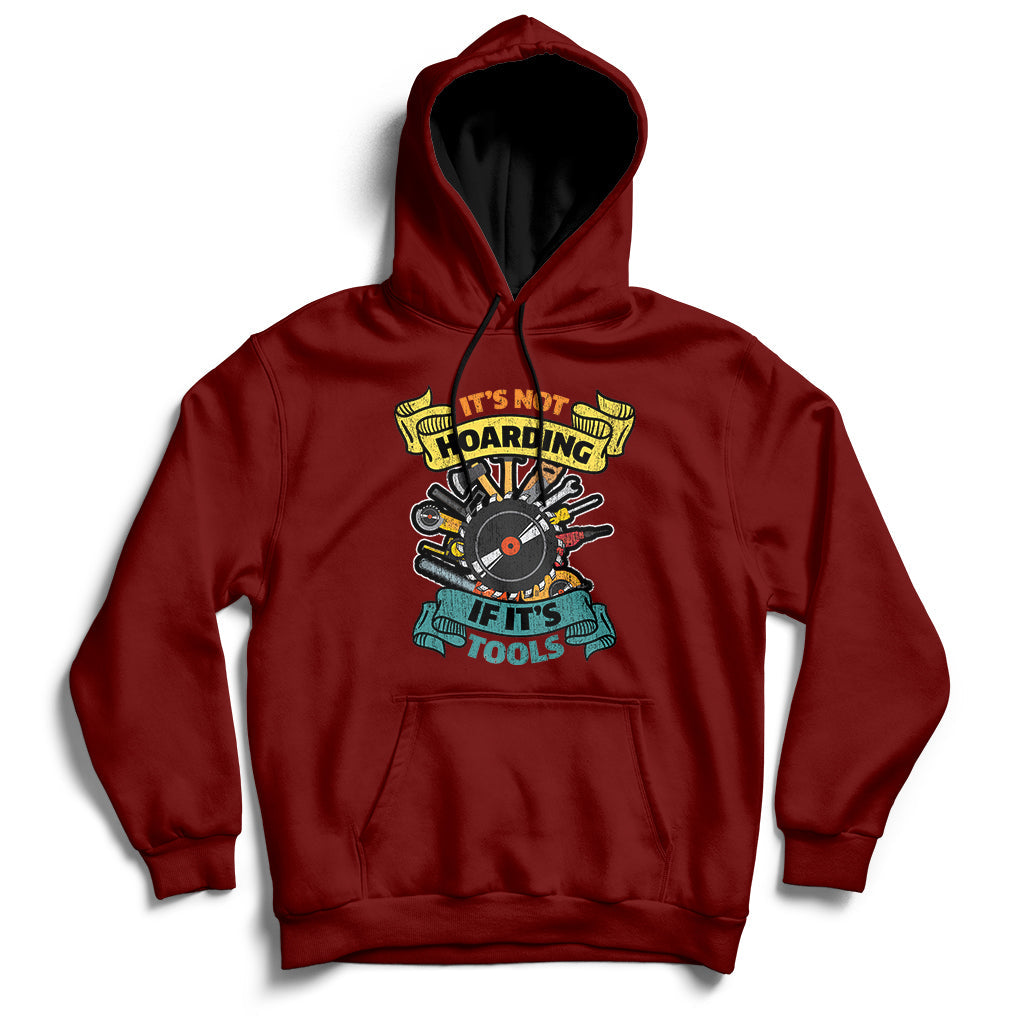 Maroon hoodie sweatshirt with front hood, kangaroo pocket, and tool graphic print