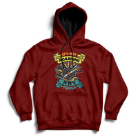 Maroon hoodie sweatshirt with front hood, kangaroo pocket, and tool graphic print