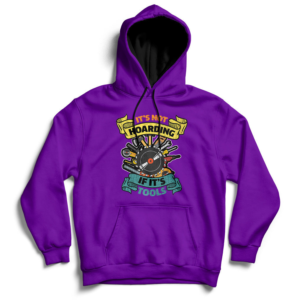 Purple hoodie sweatshirt with front hood, kangaroo pocket, and tool graphic print