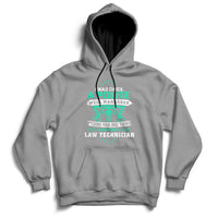 Gray pullover hoodie with front pocket, hood, and colorful law-themed graphic logo.